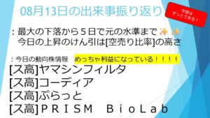 08月13日【下げ幅を完全回復!!ストップ高も大量に出ます✨✨】今日の動向株情報は全てストップ高(ヤマシンフィルタ、コーディア、プラット、PRISM BioLab)