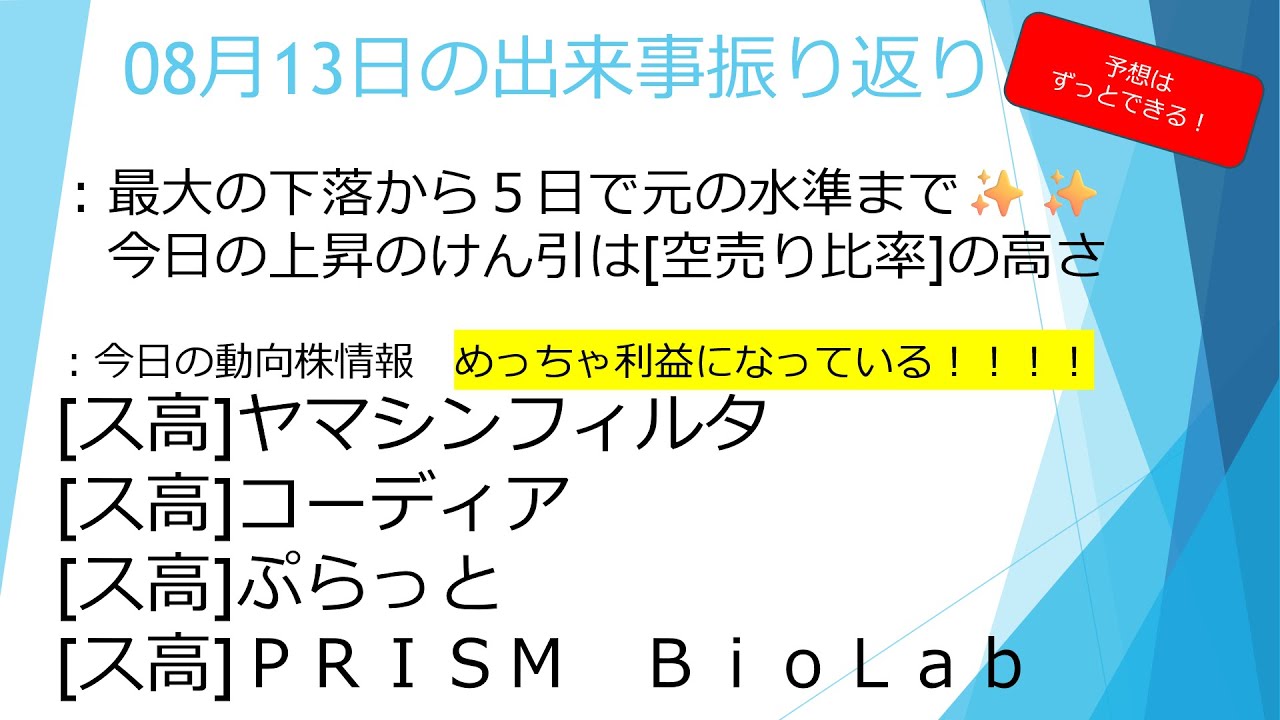 08月13日【下げ幅を完全回復！！ストップ高も大量に出ます✨✨】今日の動向株情報は全てストップ高(ヤマシンフィルタ、コーディア、プラット、PRISM BioLab)